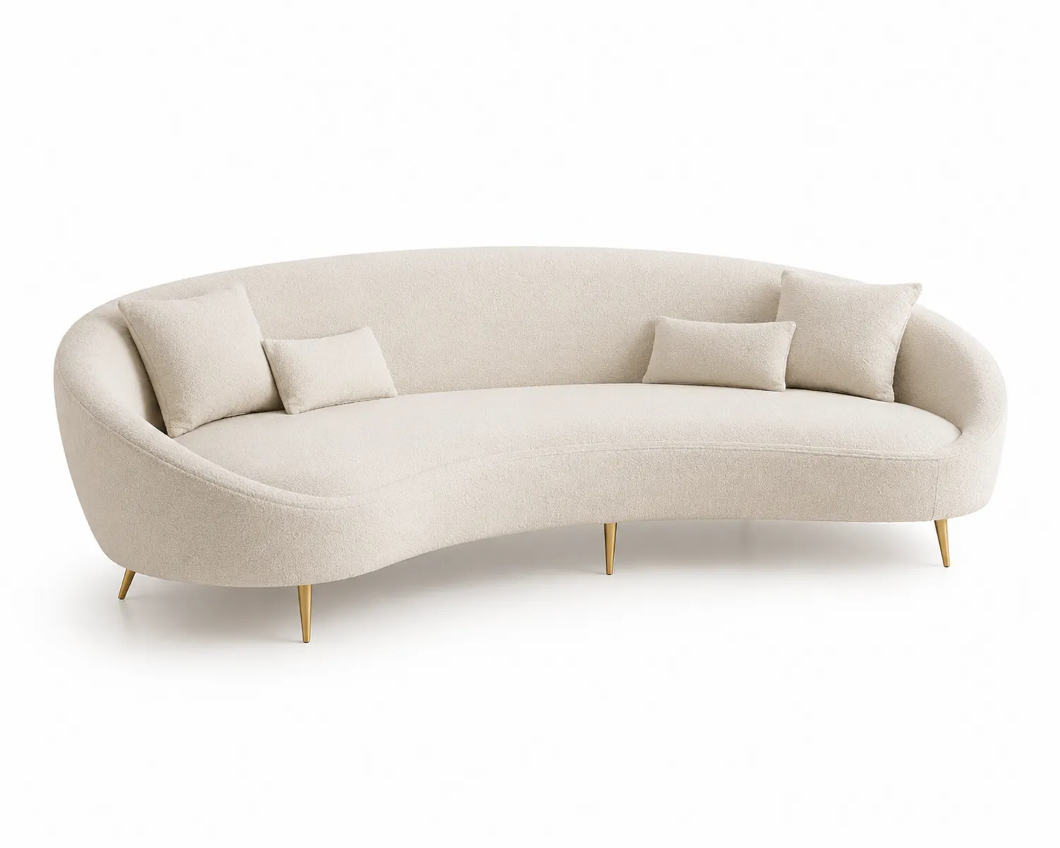 Sofá Curvo de Tejido Bouclé Beige con Patas de Metal Dorado, 280 cm-Clairvelour