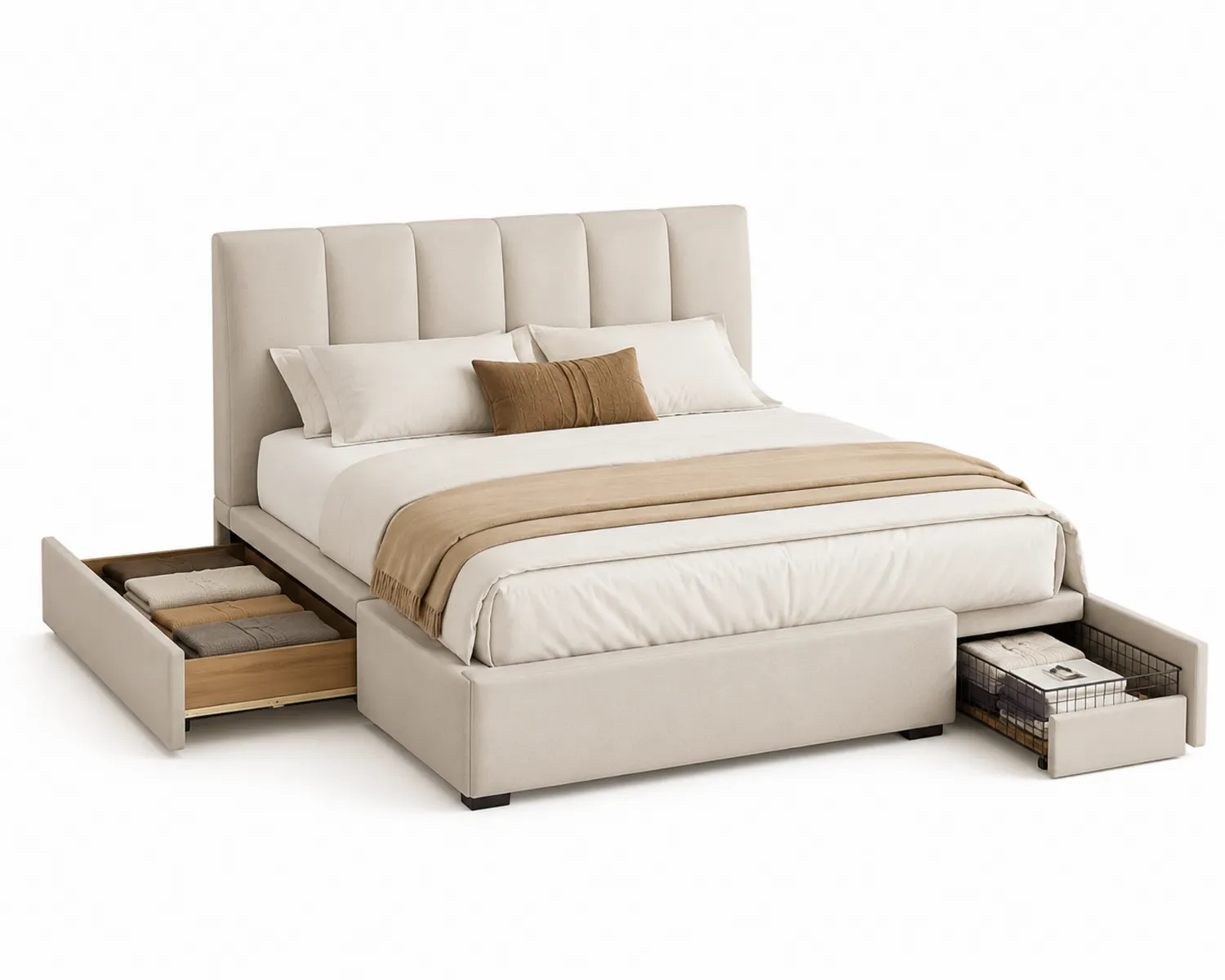 Cama tapizada en tela de lino beige con cajones 200x160 cm-Clairvelour