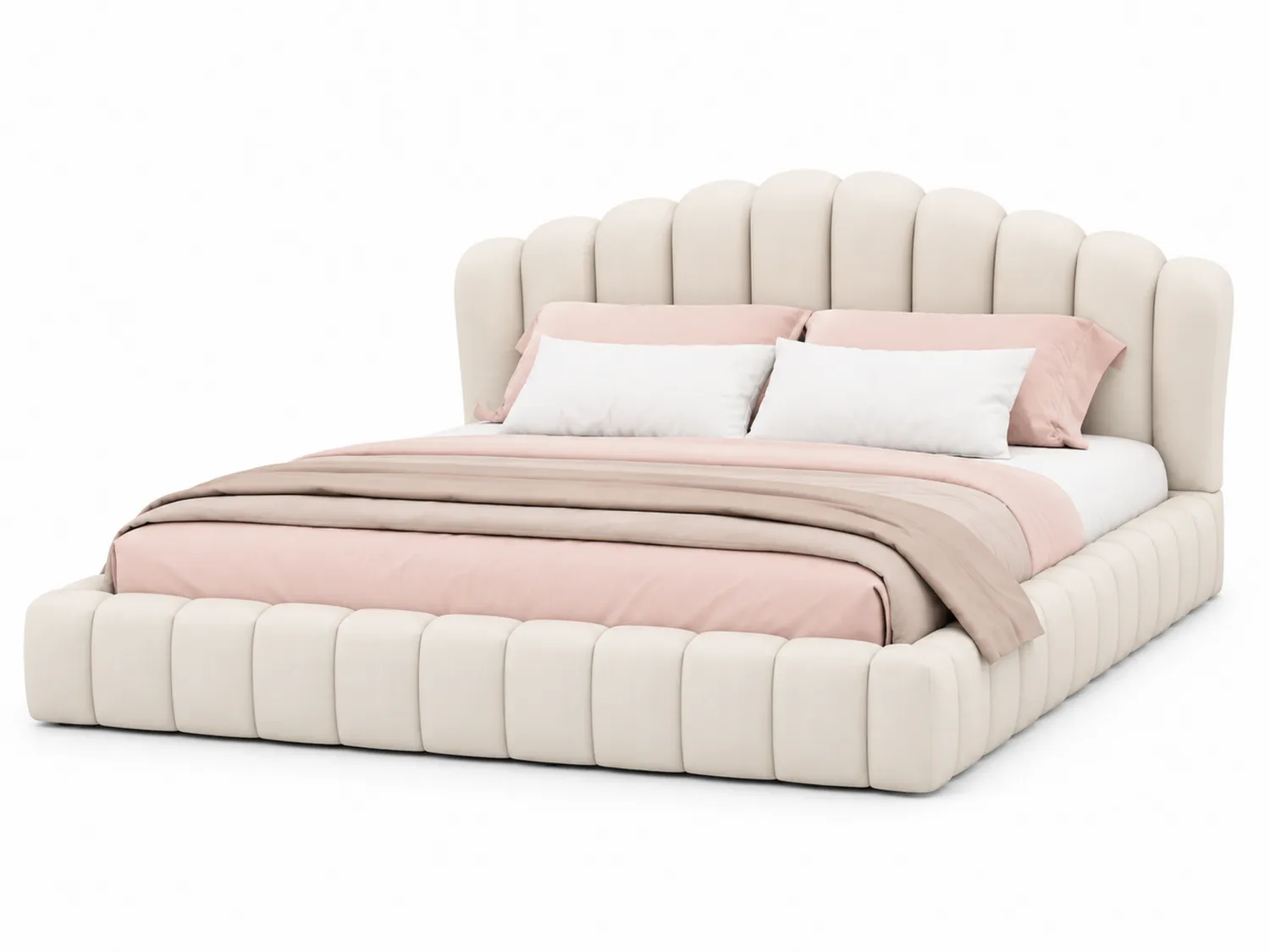 Cama tapizada en tela beige con cabecero acolchado 200x160 cm-Clairvelour