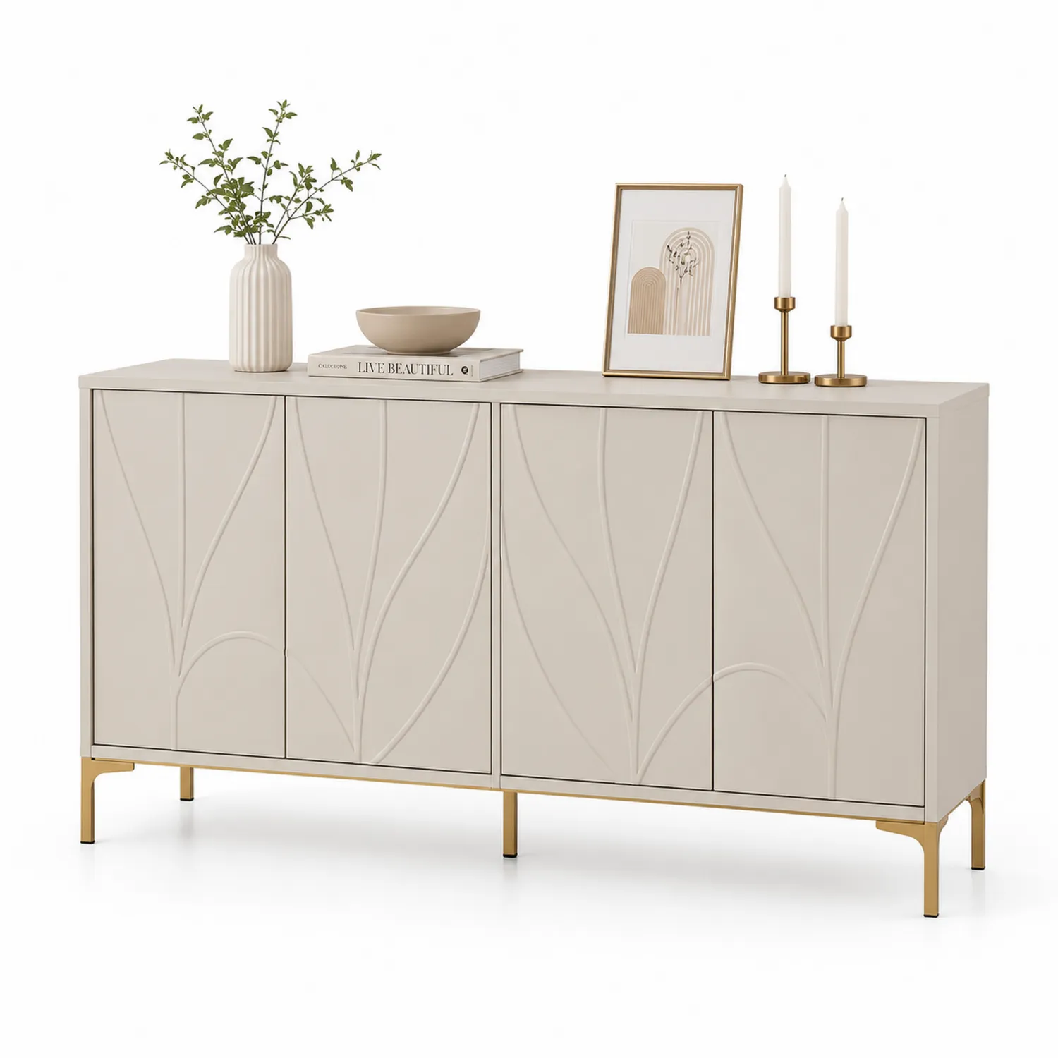 Aparador de Madera con Patas de Metal Beige 160x40x85 cm-Clairvelour
