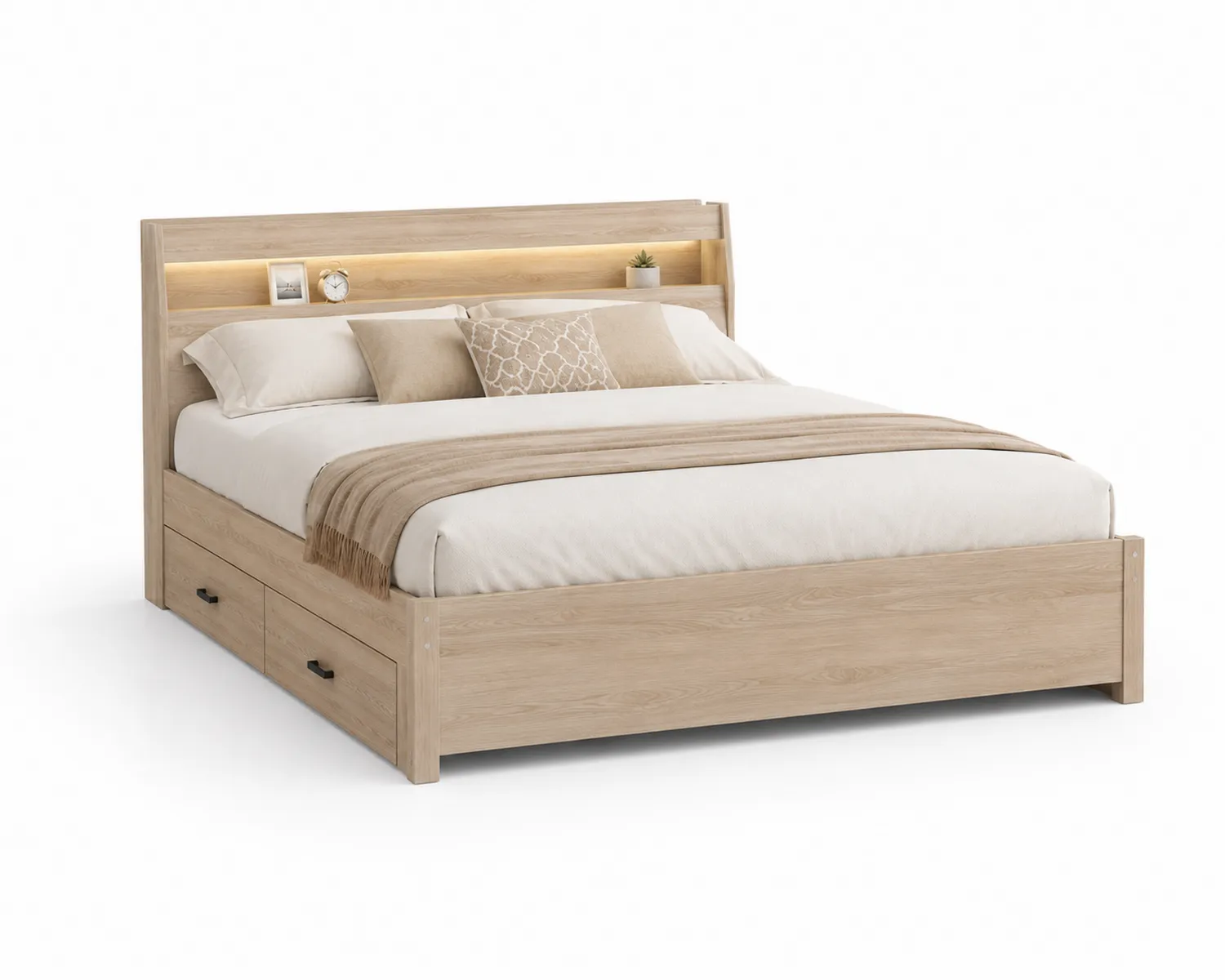 Cama de madera de roble con cabecero y cajones 200x160 cm-Clairvelour