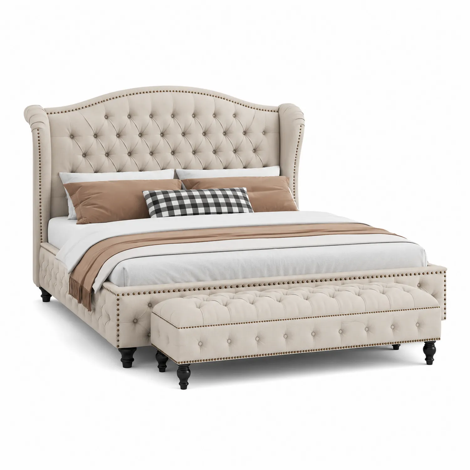 Cama tapizada de lino beige con cabecero y banco a juego-Clairvelour