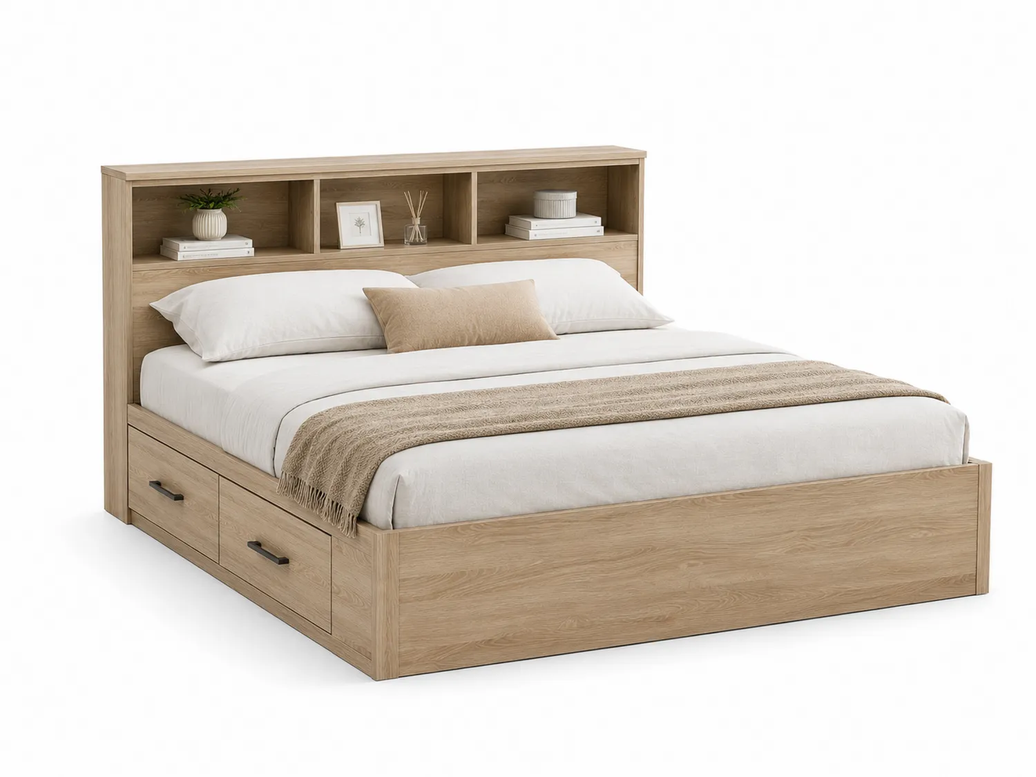 Cama de madera con almacenamiento y cabecero de 200x160 cm Roble Claro-Clairvelour