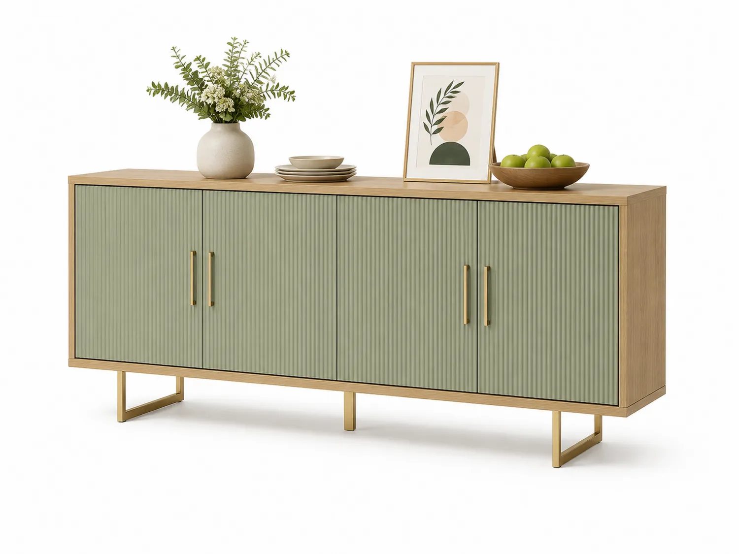 Aparador de madera con puertas de MDF verdes y patas metálicas 160x40x75 cm-Clairvelour