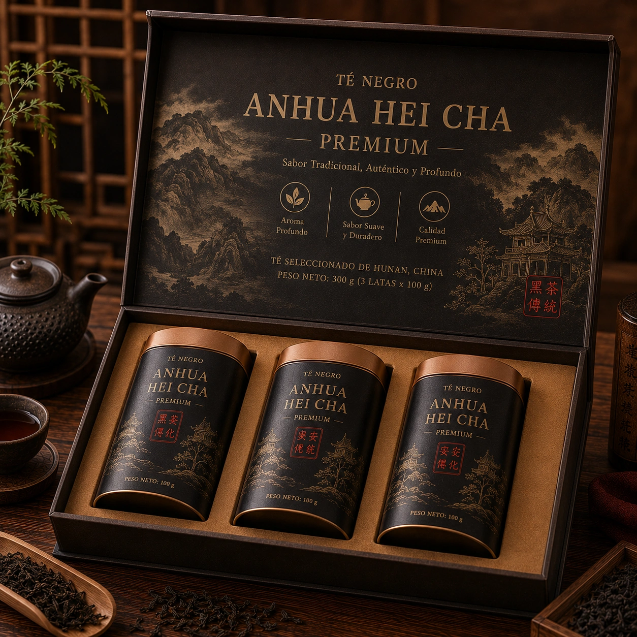 Te Negro Anhua Hei Cha Premium - Caja Regalo 3 Latas