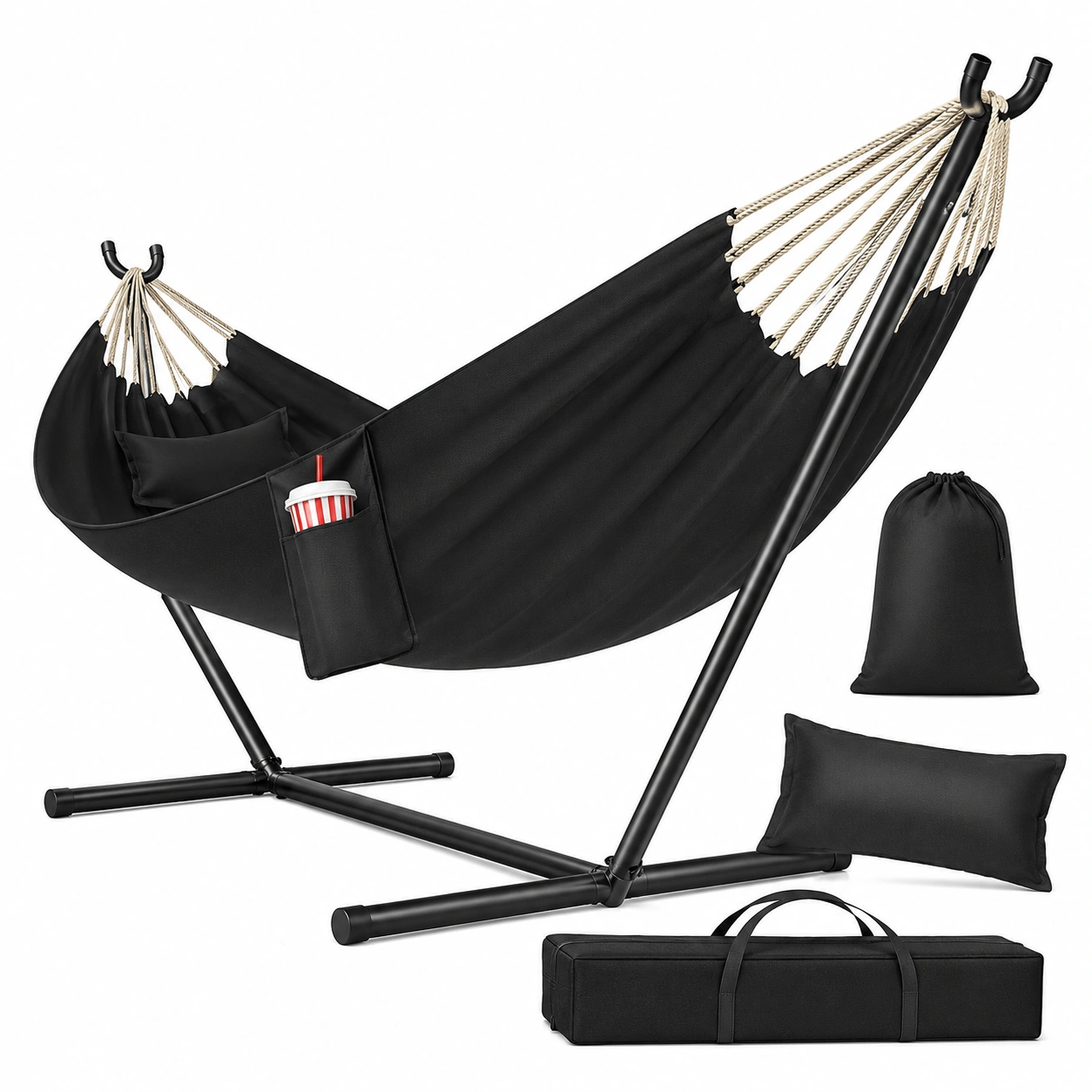 Doppel-Hangematte mit Gestell fur 2 onen, bis 200 kg, ilusive Kissen, Beutel und Tasche, fur Garten, Pool, Terrasse, Anthrazit