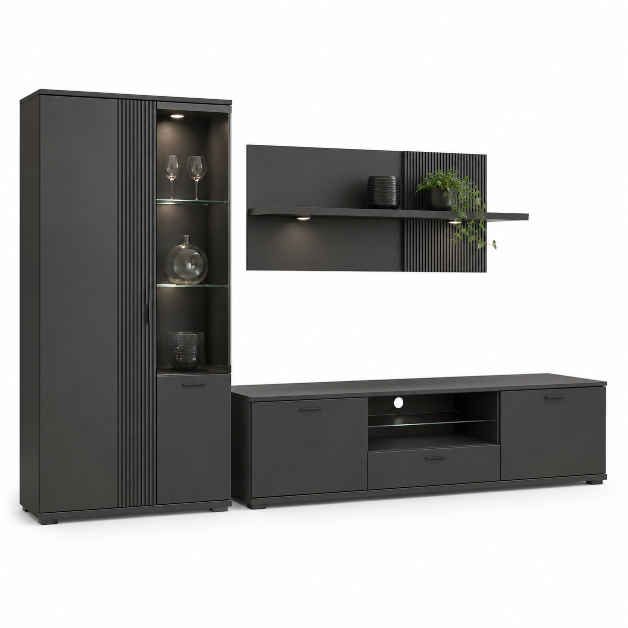Wohnwand Solin in Graphit mit Vitrine und Lowboard 260 cm