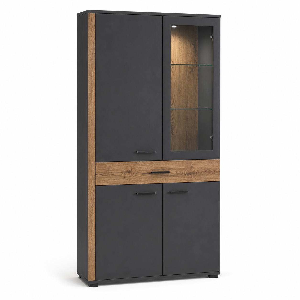 Vitrinenschrank Olin in Graphit mit Holzdekor 115 cm-HomoraStudio