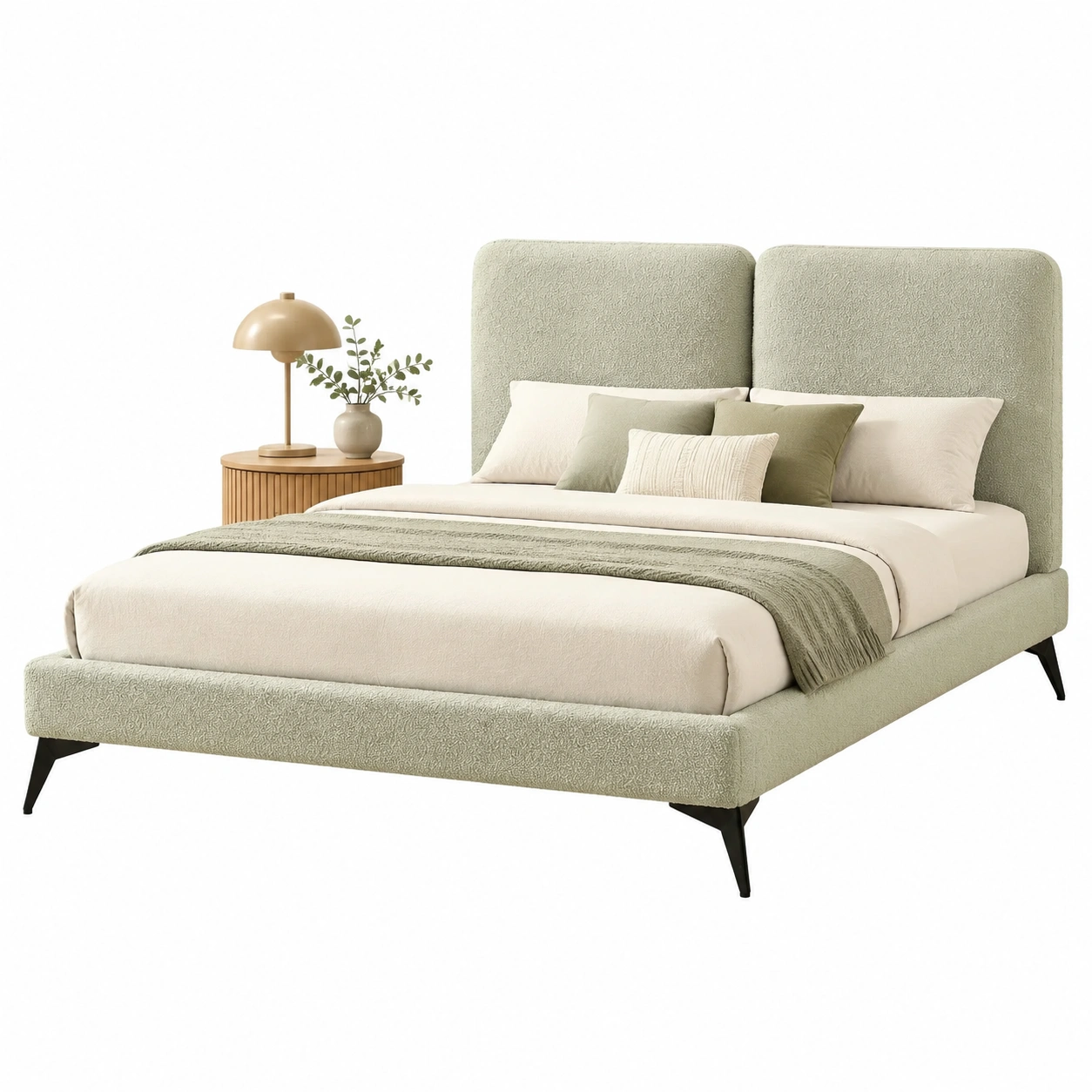 Cama Tapizada Verde con Cabecero Doble y Patas Metalicas-Urbanoura