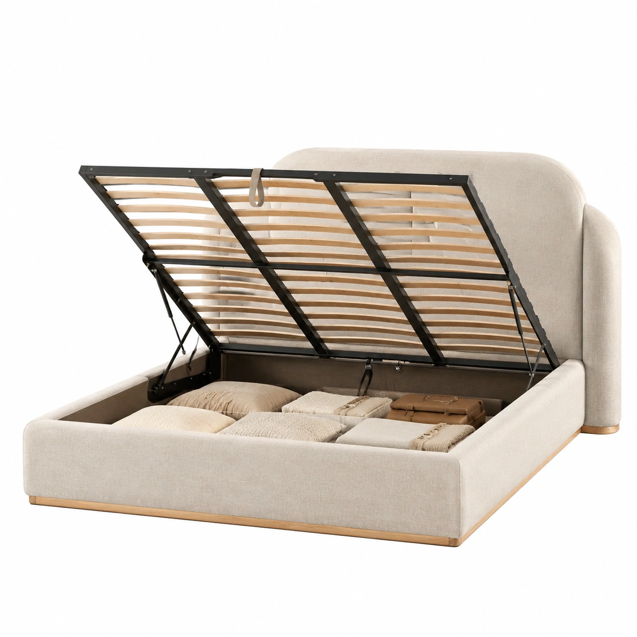 Cama moderna con base elevable y almacenaje premium en beige claro-Urbanoura