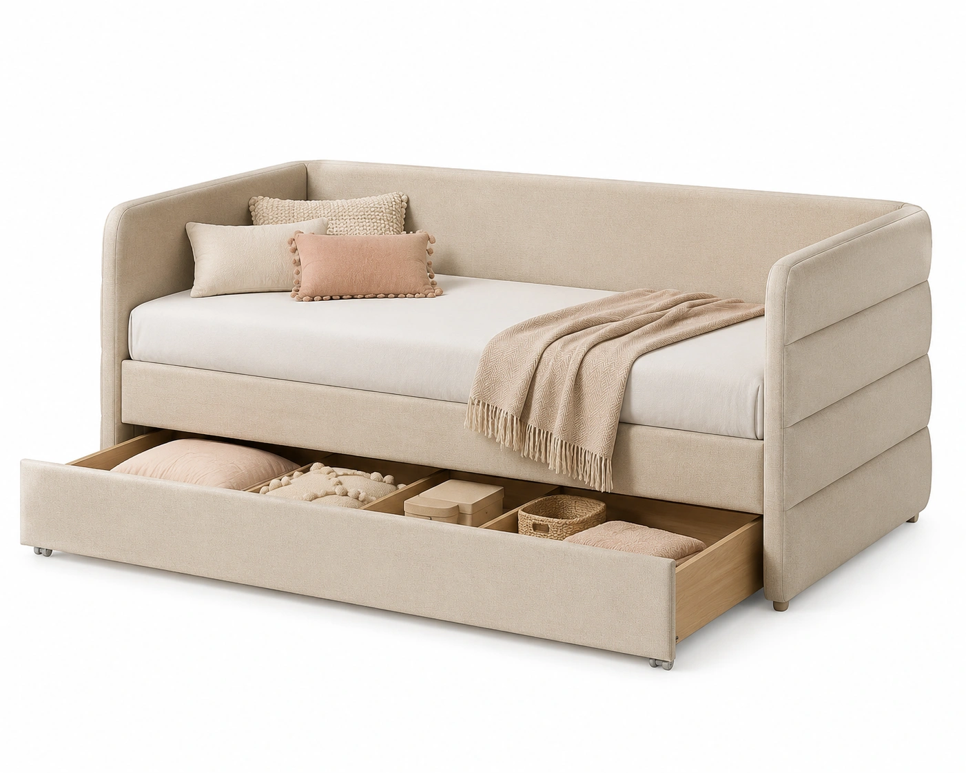 Sofa cama tapizado beige con cajon inferior-Urbanoura