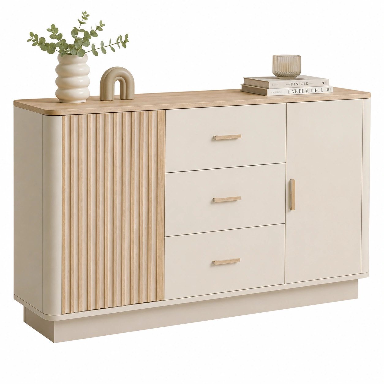 Aparador beige y madera clara con puertas acanaladas-Urbanoura