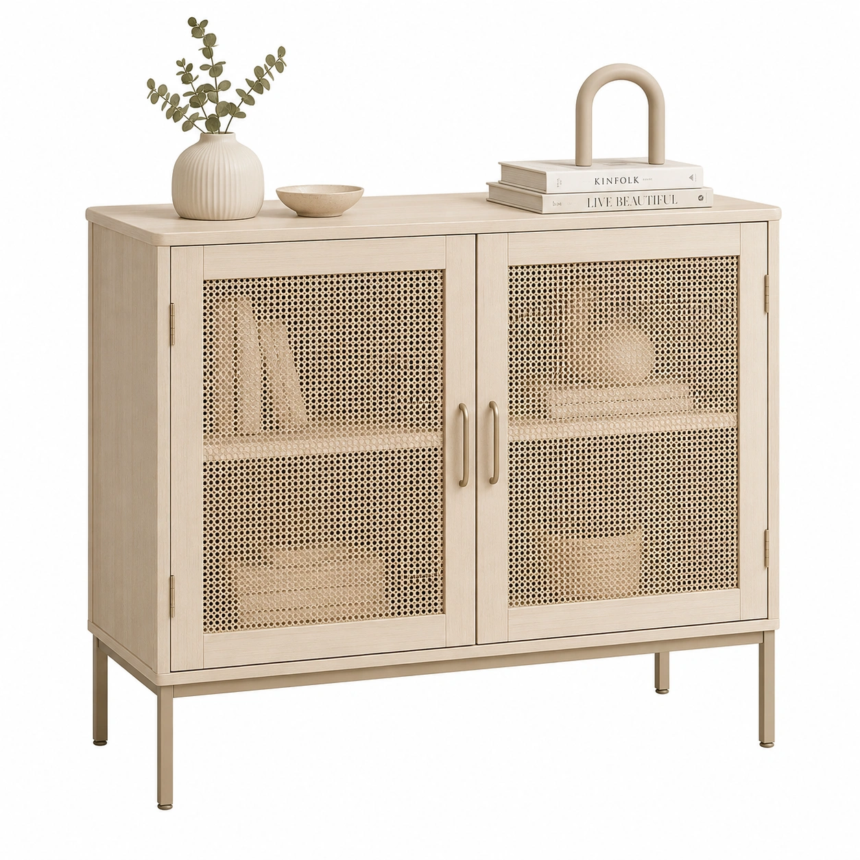 Aparador nordico de madera clara con puertas de ratan-Urbanoura