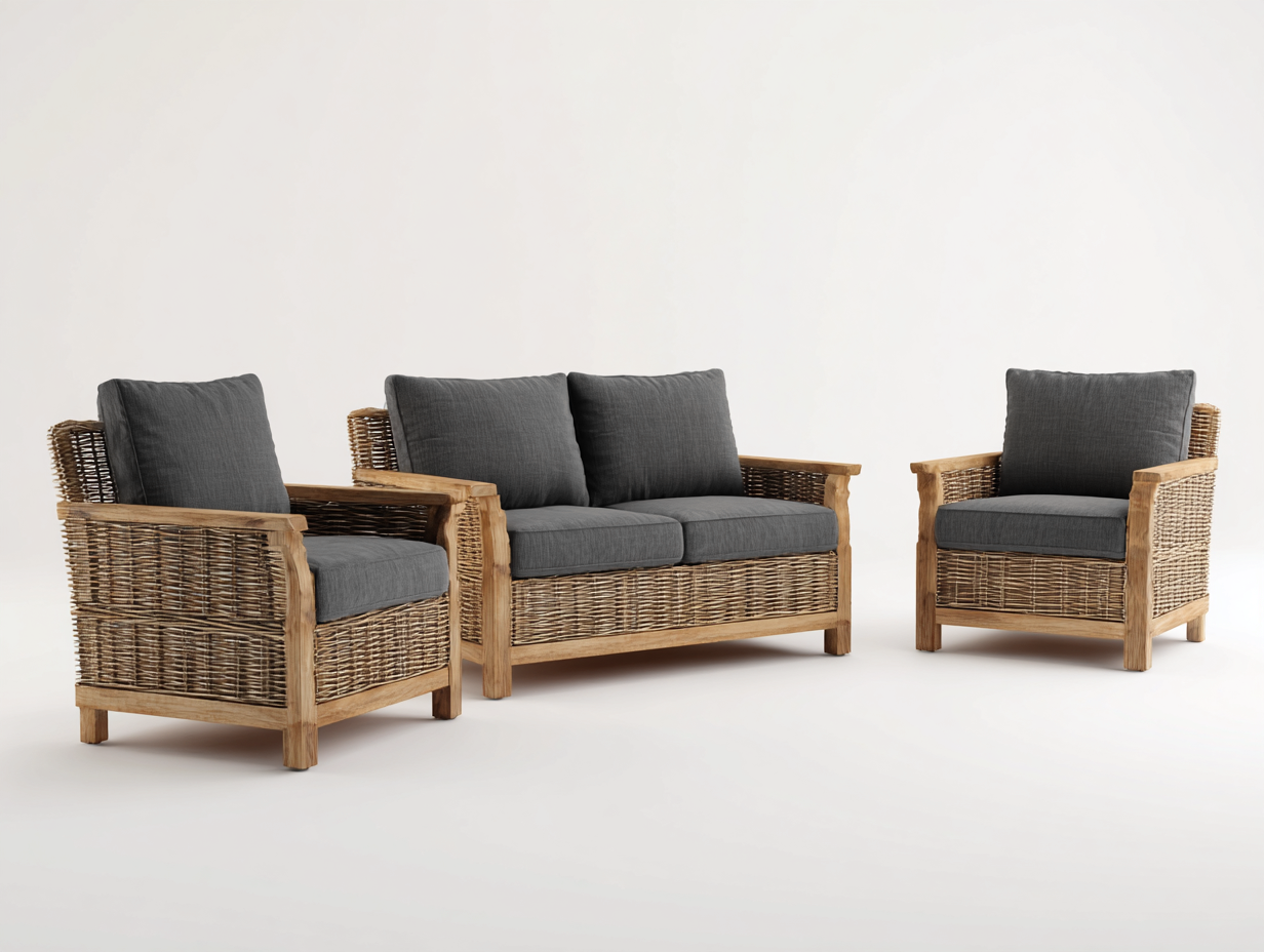 Sofás de exterior conjunto 3 piezas 180x75x80 cm ratán madera gris diseño natural jardín-Ralinvodecor