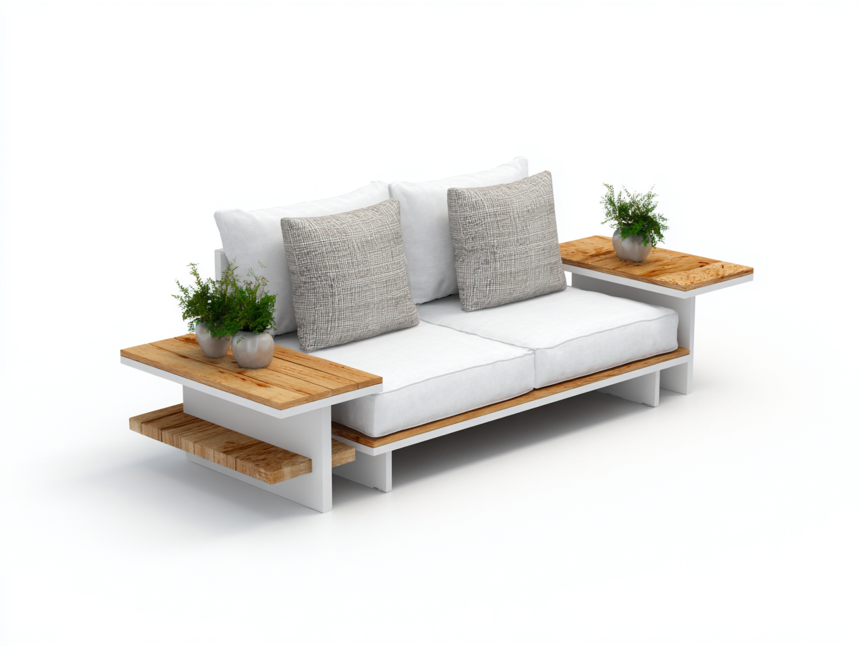 Sofás de exterior madera 180x80x70 cm - blanco-natural - diseño moderno con estantes laterales integrados-Ralinvodecor