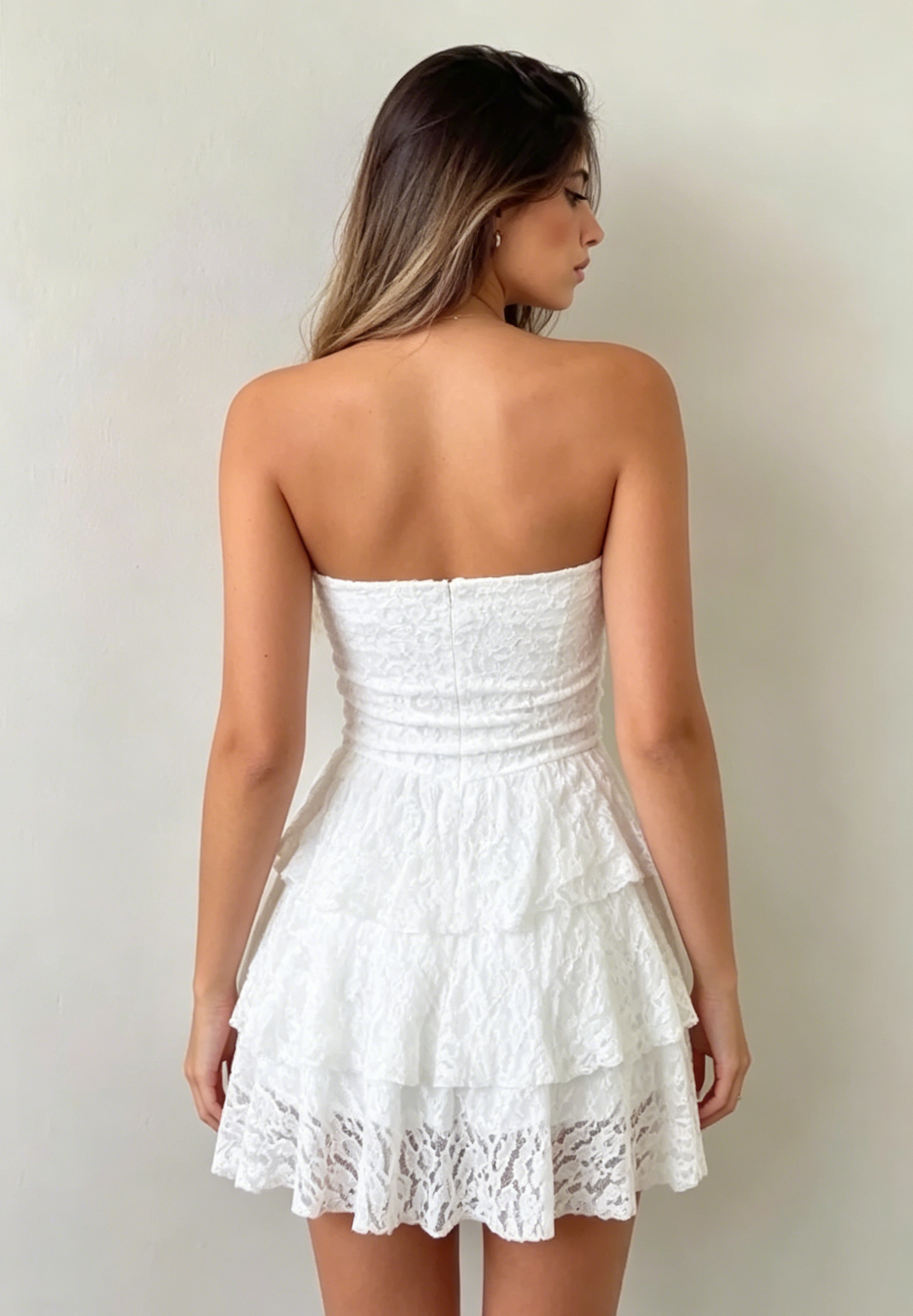 Women White Lace Strapless Tiered Mini Dress Ruched Tube Top A-Line Dress