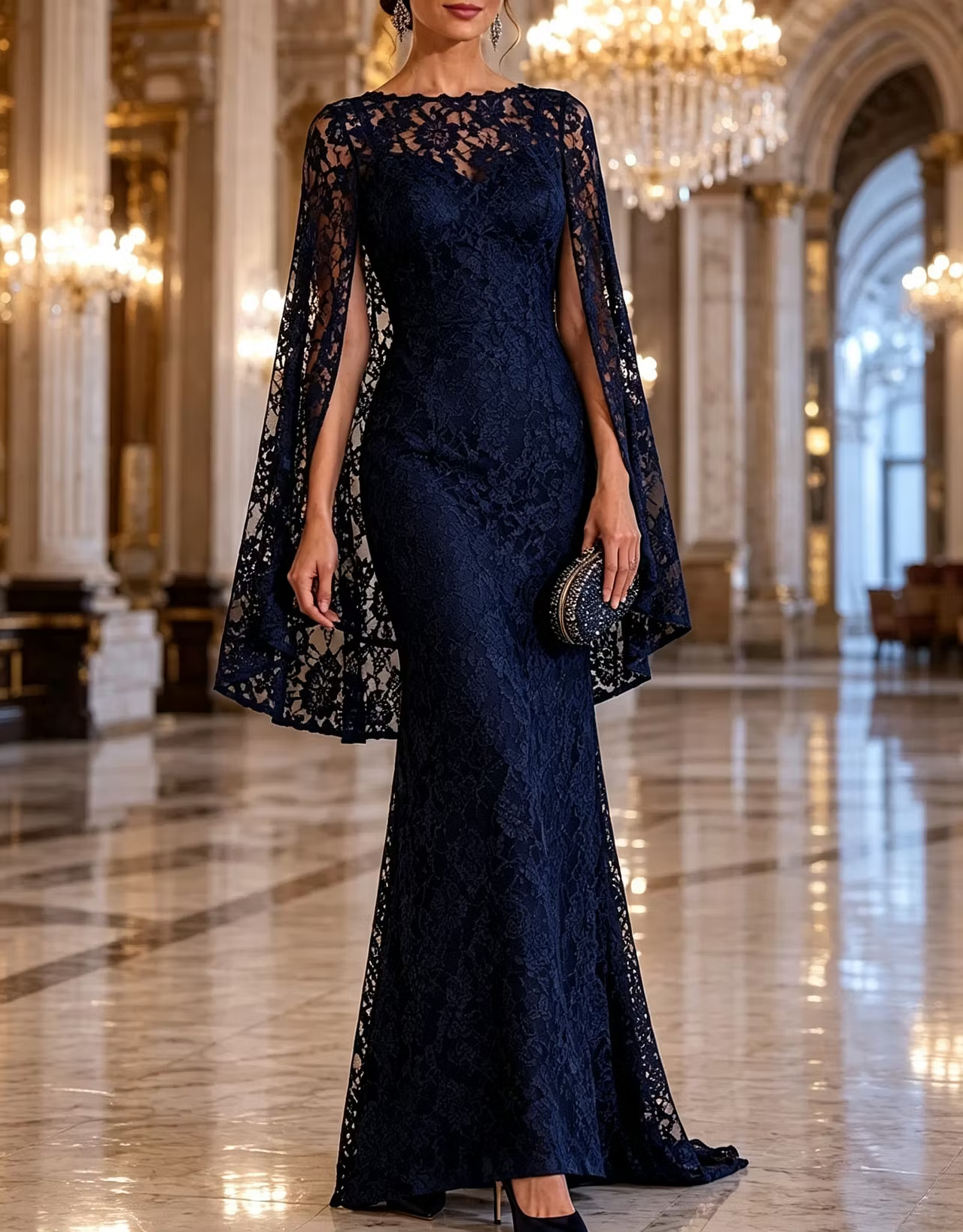 Round Neck Floral Lace Cape Mermaid Evening Maxi Dress