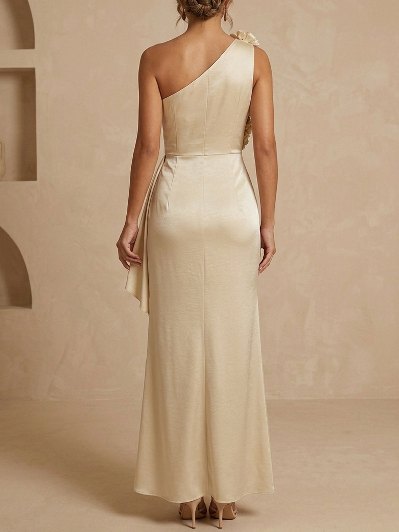 One-Shoulder 3D Floral Satin Mother of the Bride Dress - Elegant Maxi Evening Gown