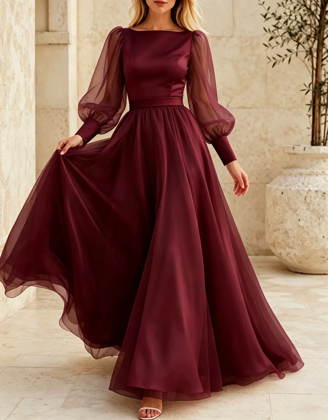 Boat Neck Satin Chiffon Sheer Puff Long Sleeve Evening A‑Line Maxi Dress
