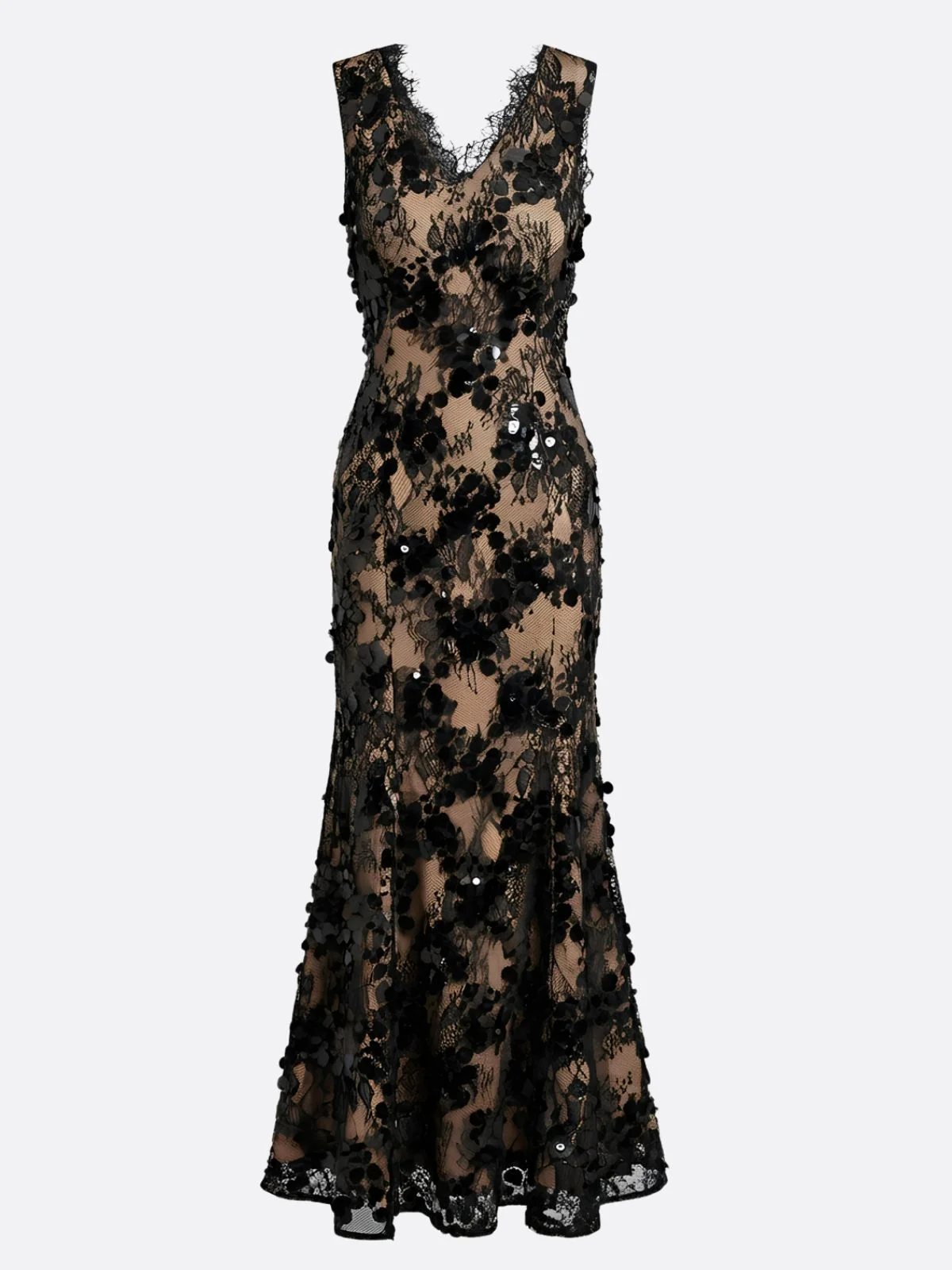 Black Glitter Lace V Neck Sleeveless Mermaid Gown Dress