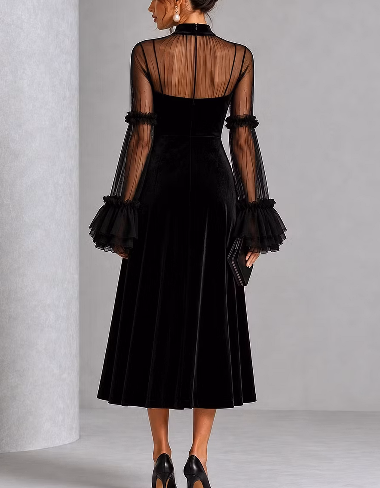 Velvet Sheer Ruffle Bell Sleeve Midi Dress