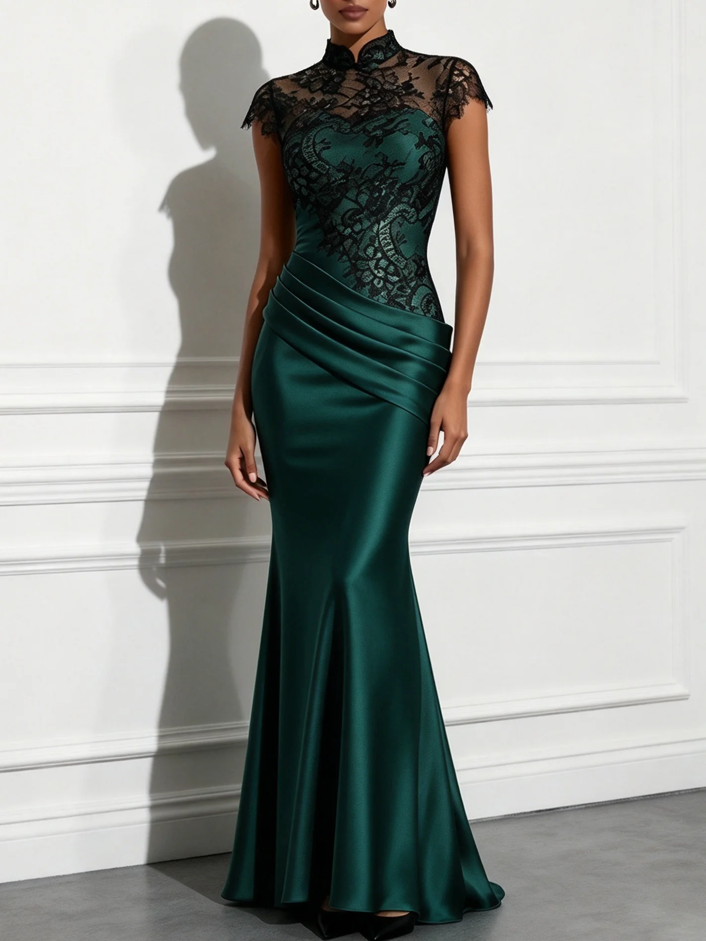 Champagne-Black Lace Ruched Satin Mock Neck Short Sleeve Mermaid Gown Dress