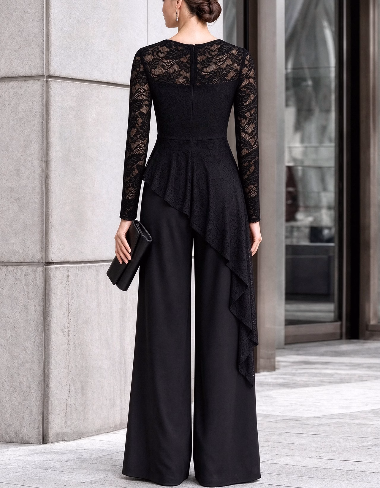 Black Lace Asymmetrical Peplum Wide Leg Jumpsuit