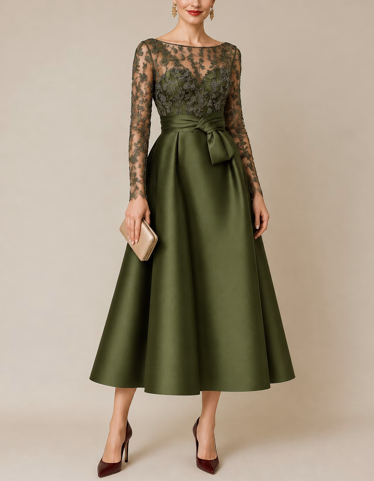 Floral Lace Illusion Boat Neck Satin Midi Dress