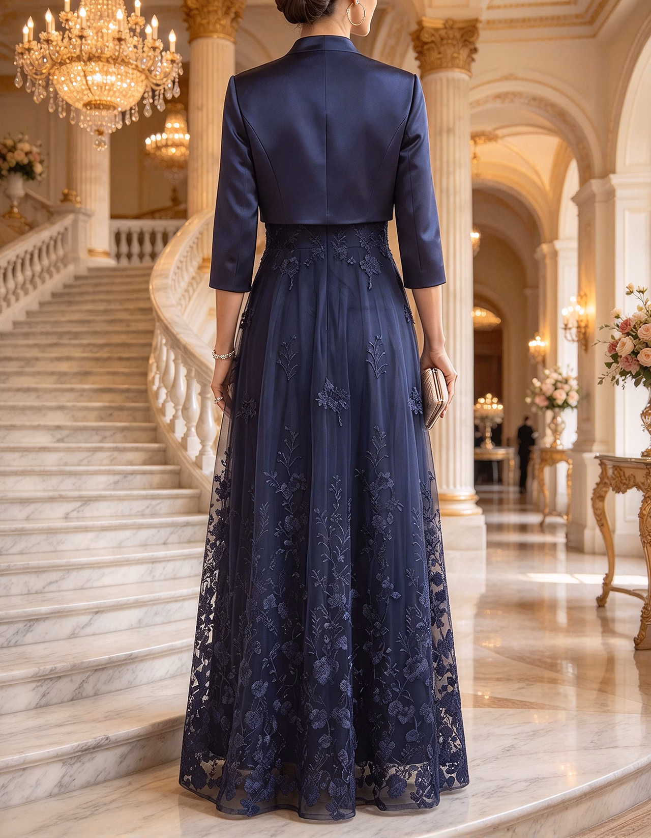 Navy Illusion Round Neck Sleeveless Floral Lace Tulle Maxi Dress