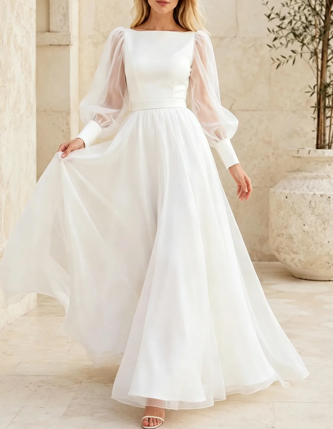 Boat Neck Satin Chiffon Sheer Puff Long Sleeve Evening A‑Line Maxi Dress