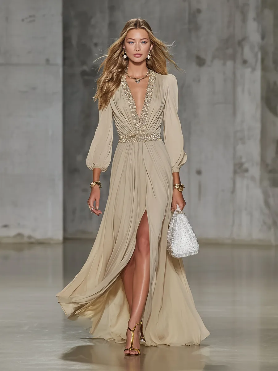 Elegant Beige Chiffon V-neck With Sequins Embellishments And A Side Slit Maxi Dress