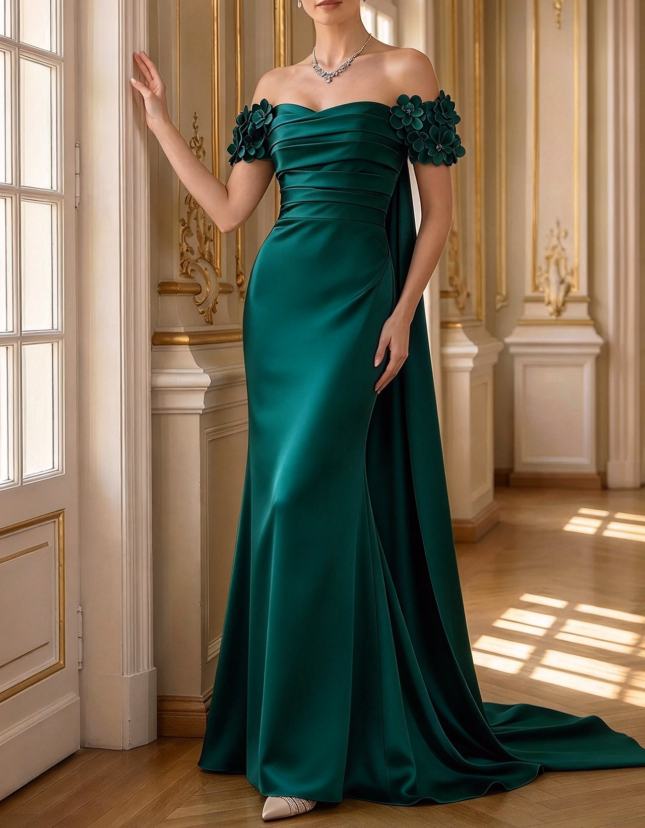 Off-the-Shoulder Satin 3D Floral Cape Train A-Line Maxi Dress