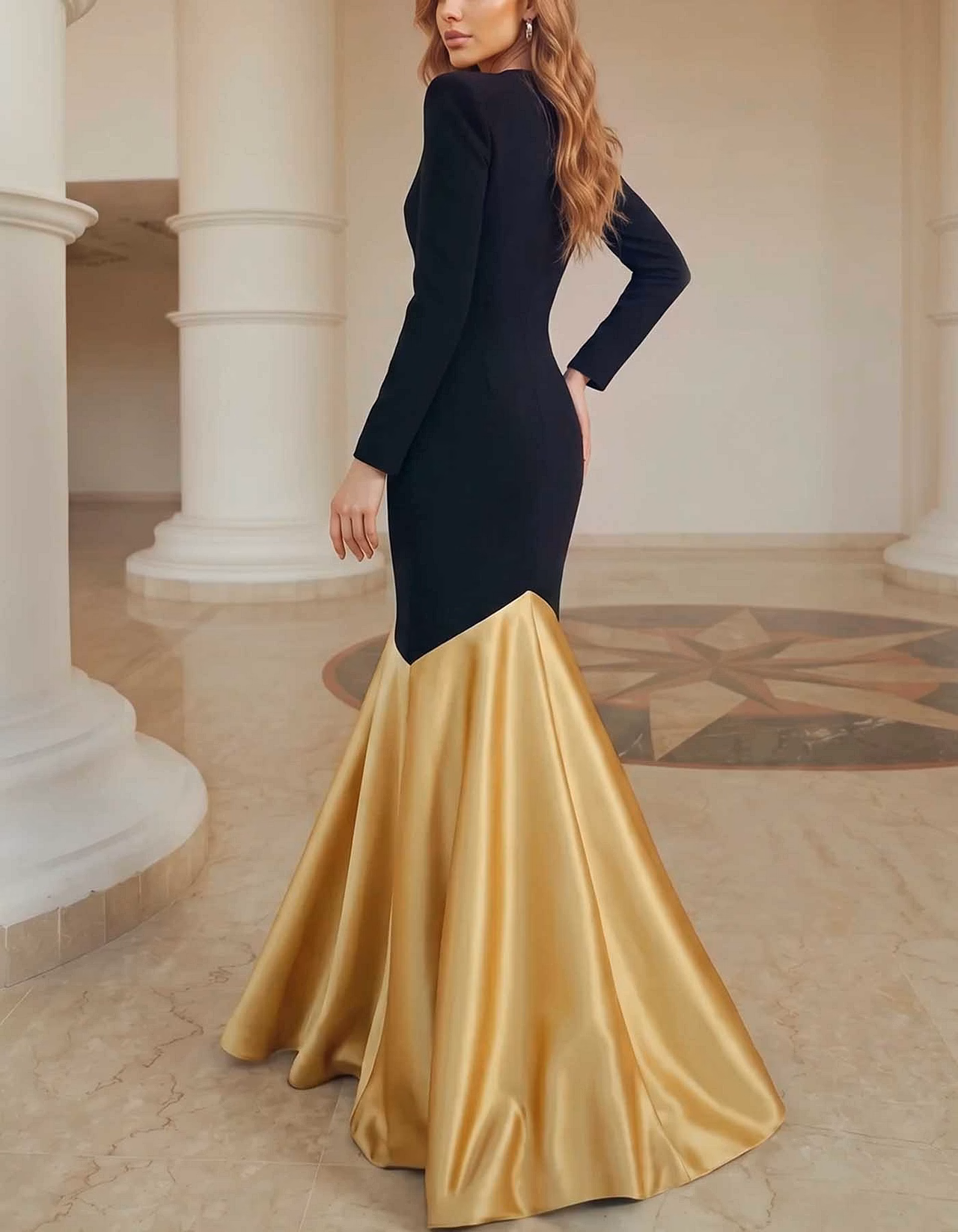 Black and Gold Color Block V-Neck Long Sleeve Satin Maxi Dress