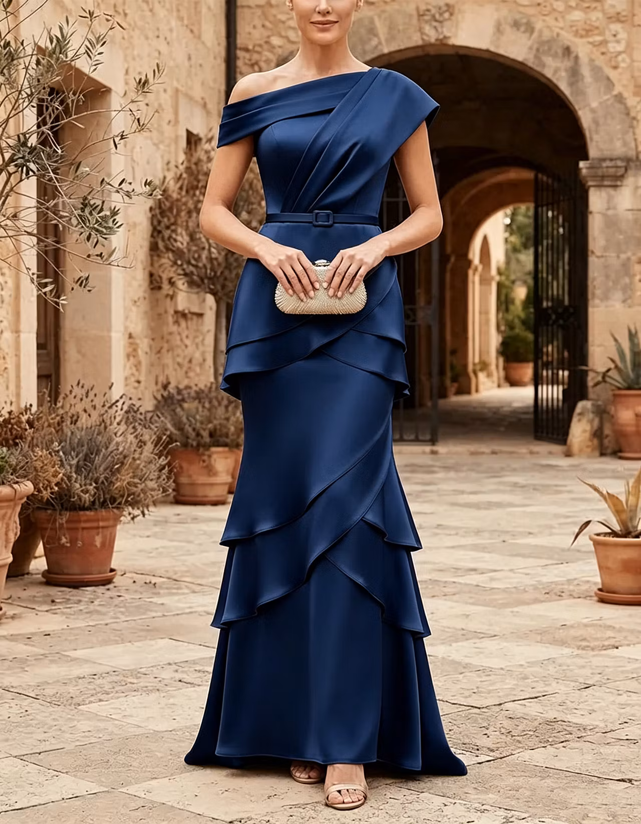 Champagne Asymmetric Off-the-Shoulder Satin Mermaid Maxi Dress