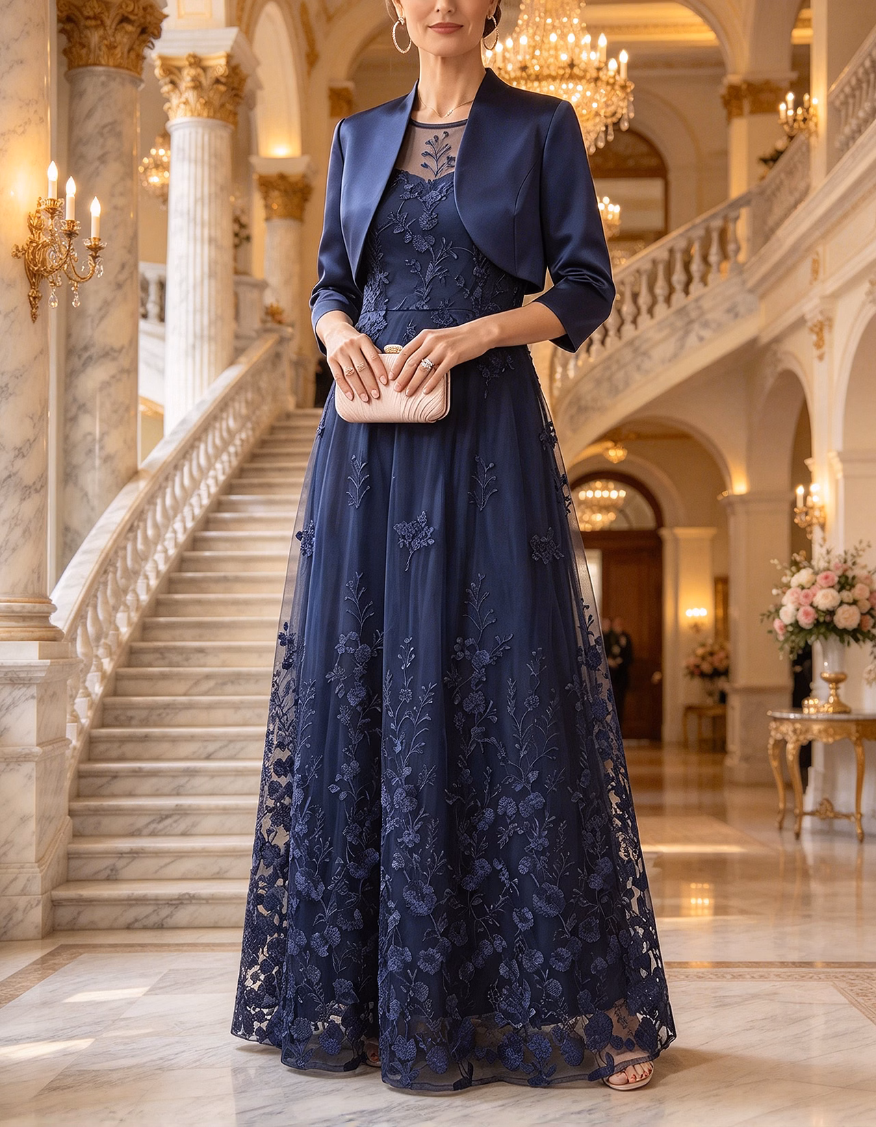 Navy Illusion Round Neck Sleeveless Floral Lace Tulle Maxi Dress