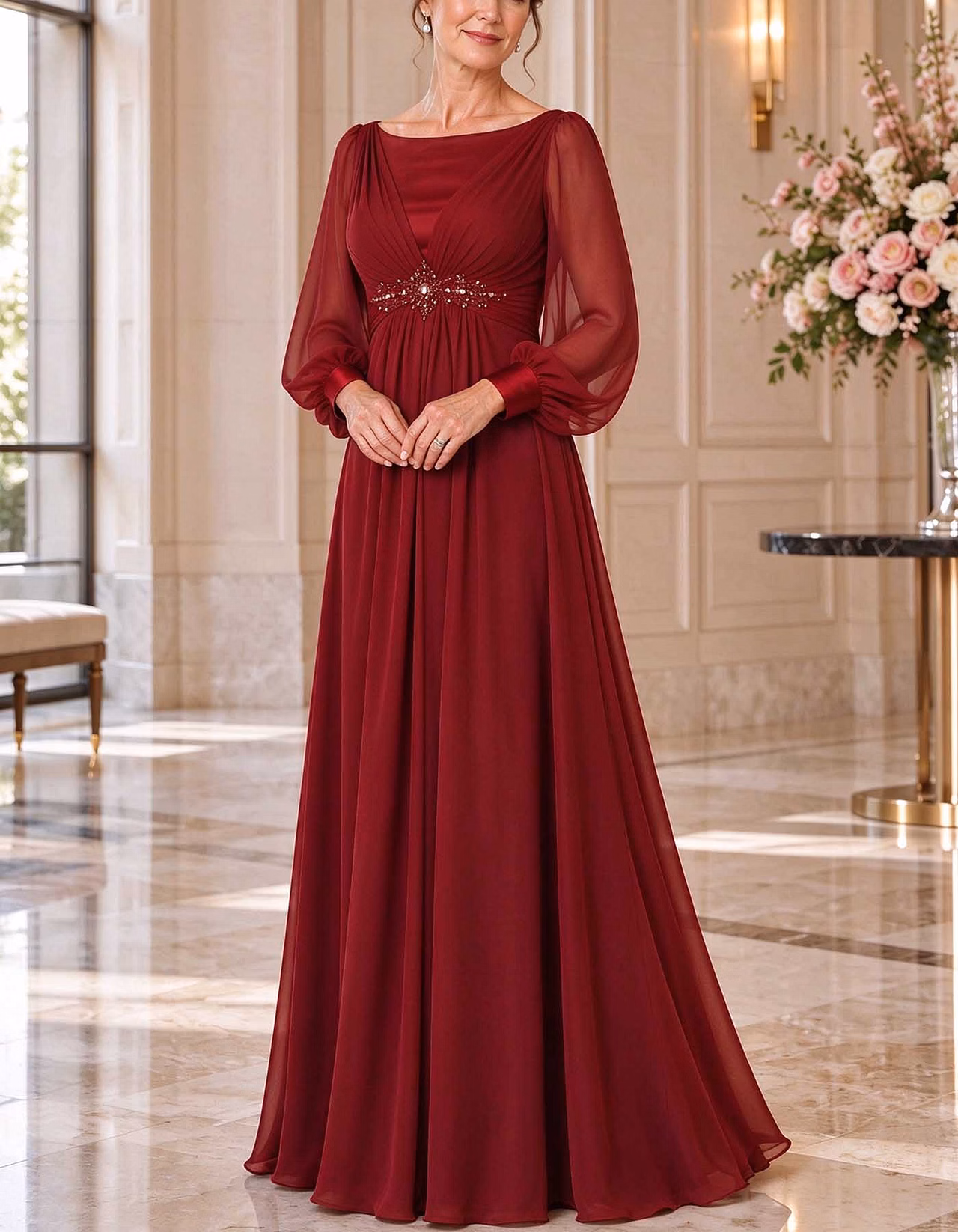 Chiffon Puff Long Sleeve A-Line Maxi Dress