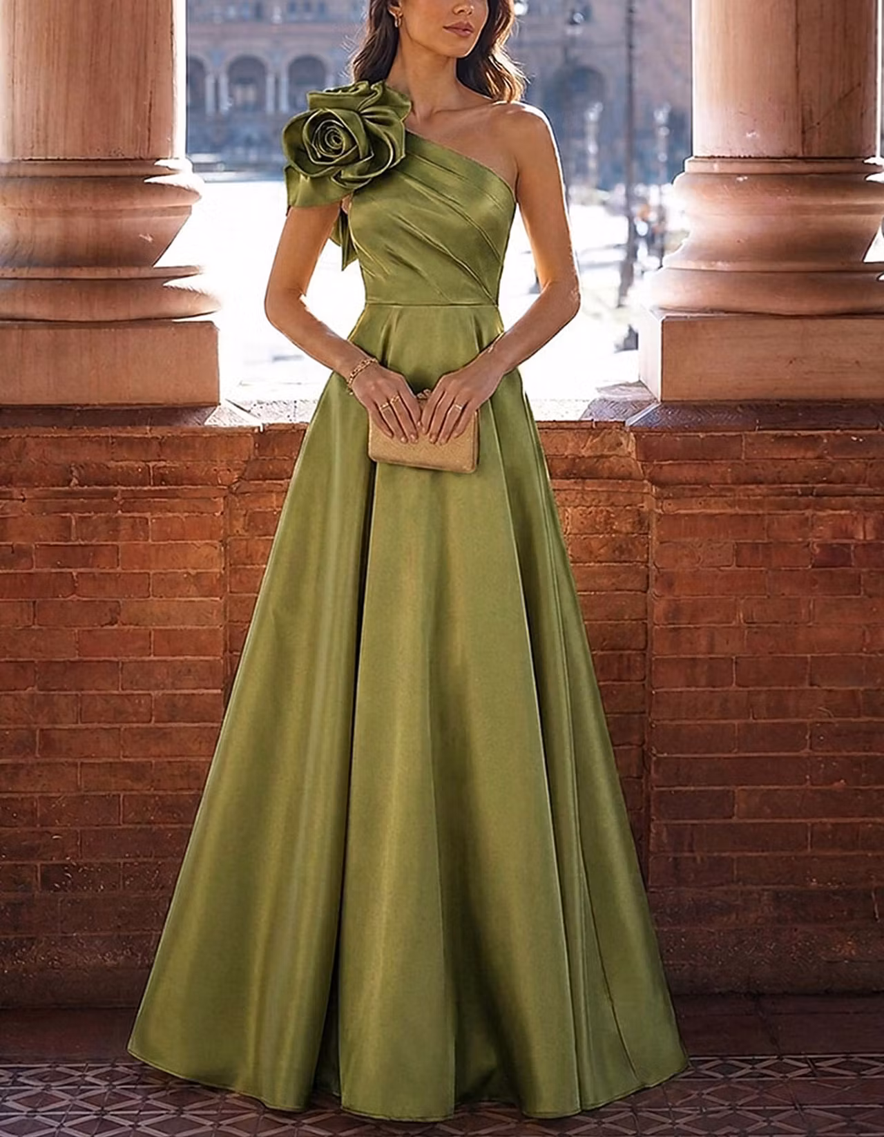 Solid Color Satin One Shoulder Design With 3D Floral Maxi Dress