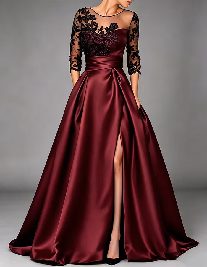 Navy Blue Illusion Neck 3/4 Lace Sleeve Satin A‑Line Maxi Dress