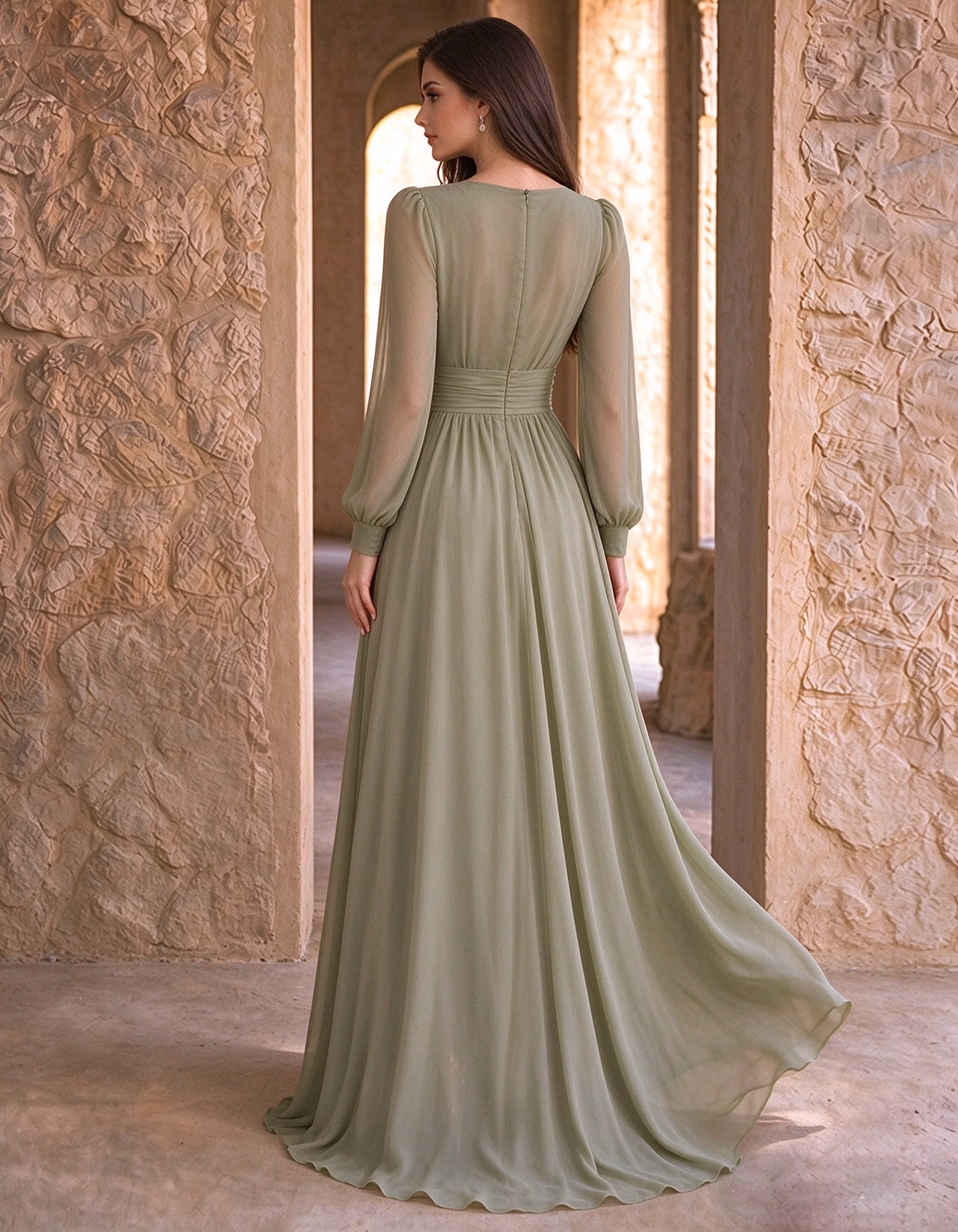 Sage Green Chiffon V-Neck With 3D Flowers Maxi Dress