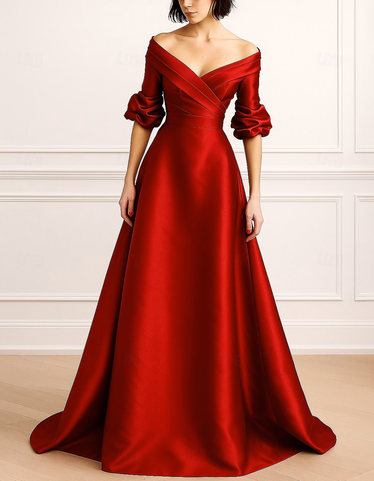 Red Off-the-Shoulder Puffed Elbow Sleeve Satin Maxi Dress