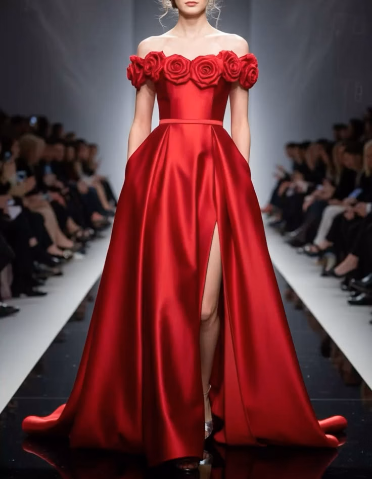 Off Shoulder 3D Floral Satin A-Line Slit Long Evening Maxi Dress