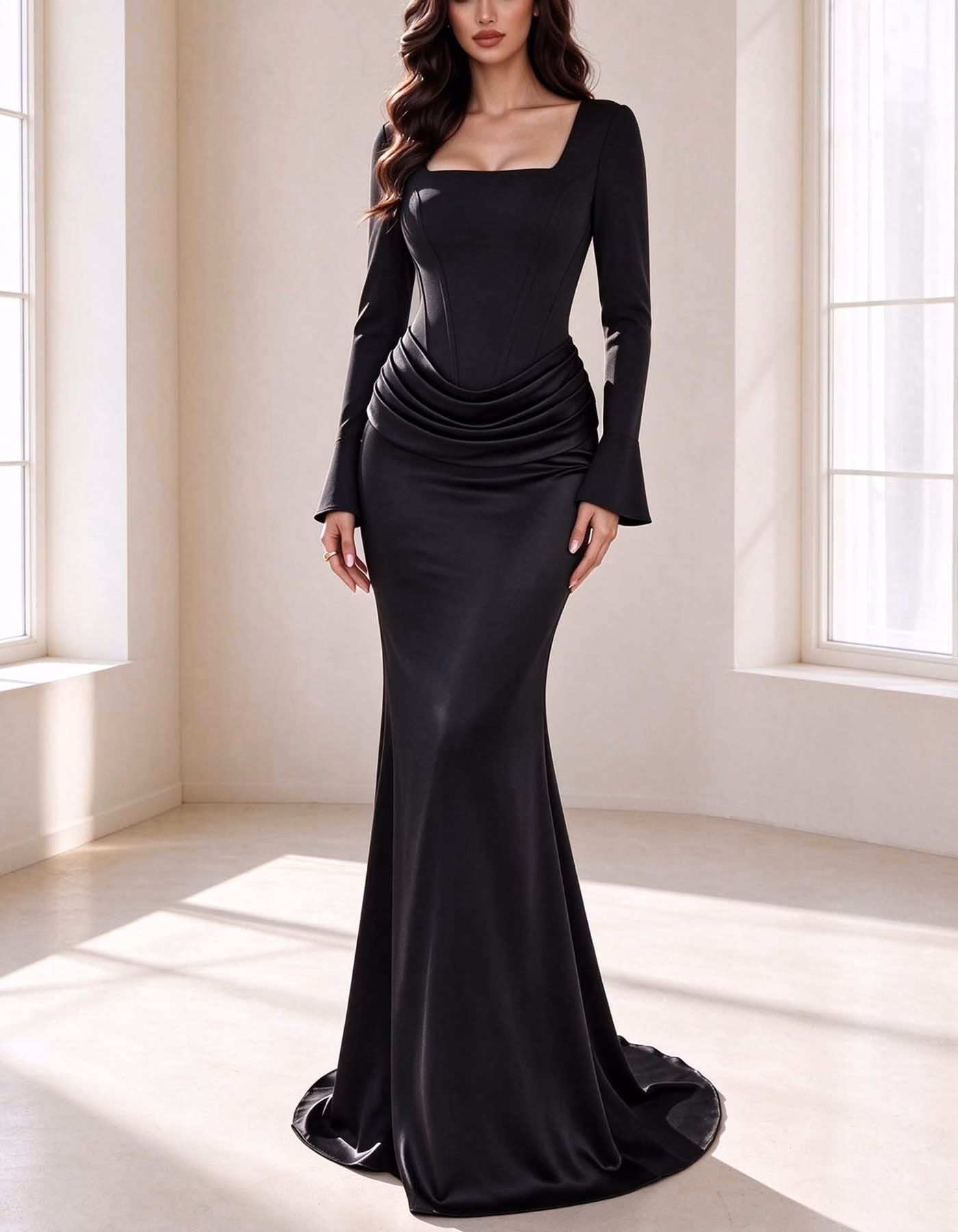 Square Neck Flare Long Sleeve Satin Mermaid Maxi Dress