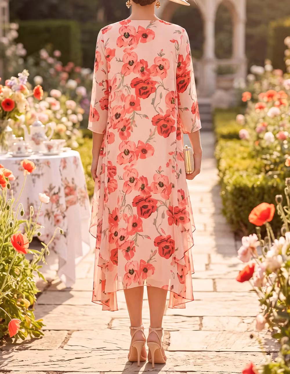 Chiffon Floral Print Round Neck Sleeveless A-Line Midi Dress + Jacket 2 Piece Set
