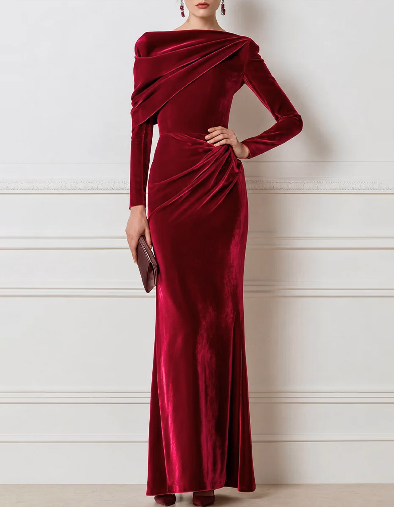Burgundy Draped Asymmetric Velvet Maxi Dress