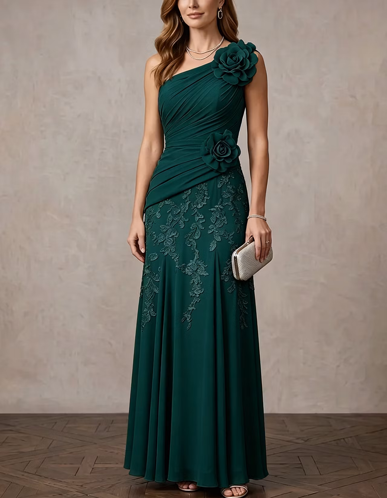 Chiffon One Shoulder Diagonal Ruched Bodice 3D Rose Maxi Dress