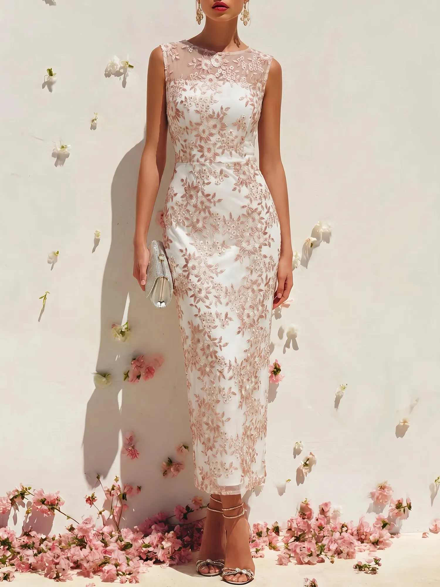 Bateau Neck Floral Lace Sheath Evening Dress with Illusion Yoke