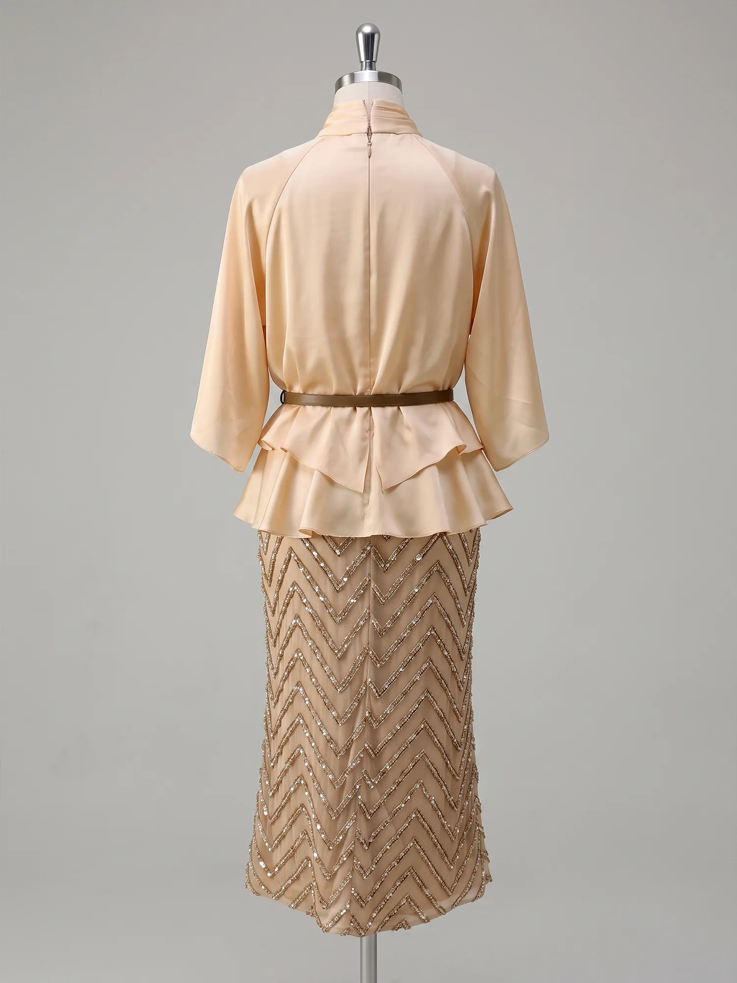High Neck Satin Peplum Gown with Sequin Chevron Skirt and Belt Mother of The Bride Dresses