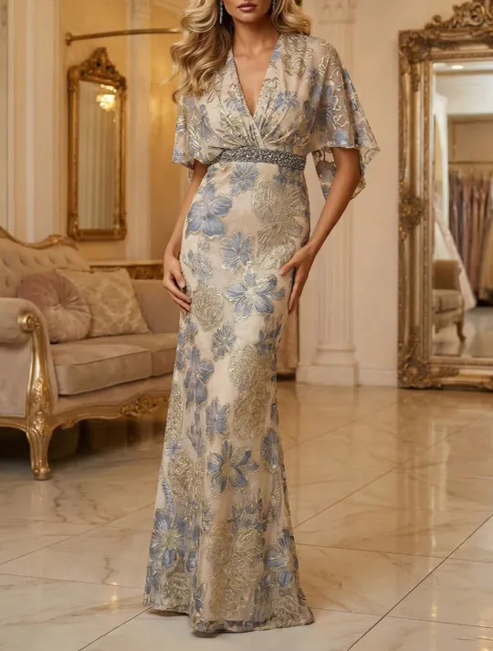 Jacquard Sheath 3/4 Sleeves Ruched Waist Maxi Dress