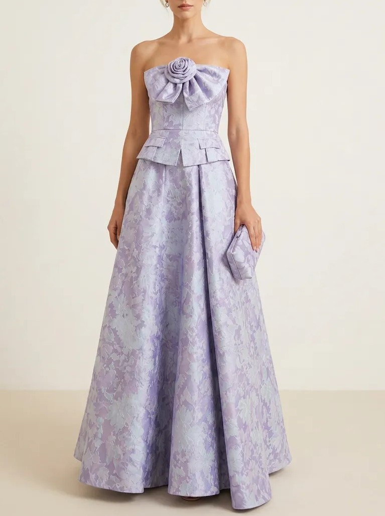 Strapless Floral Jacquard Ball Gown with 3D Rose and Peplum Evening Dresses