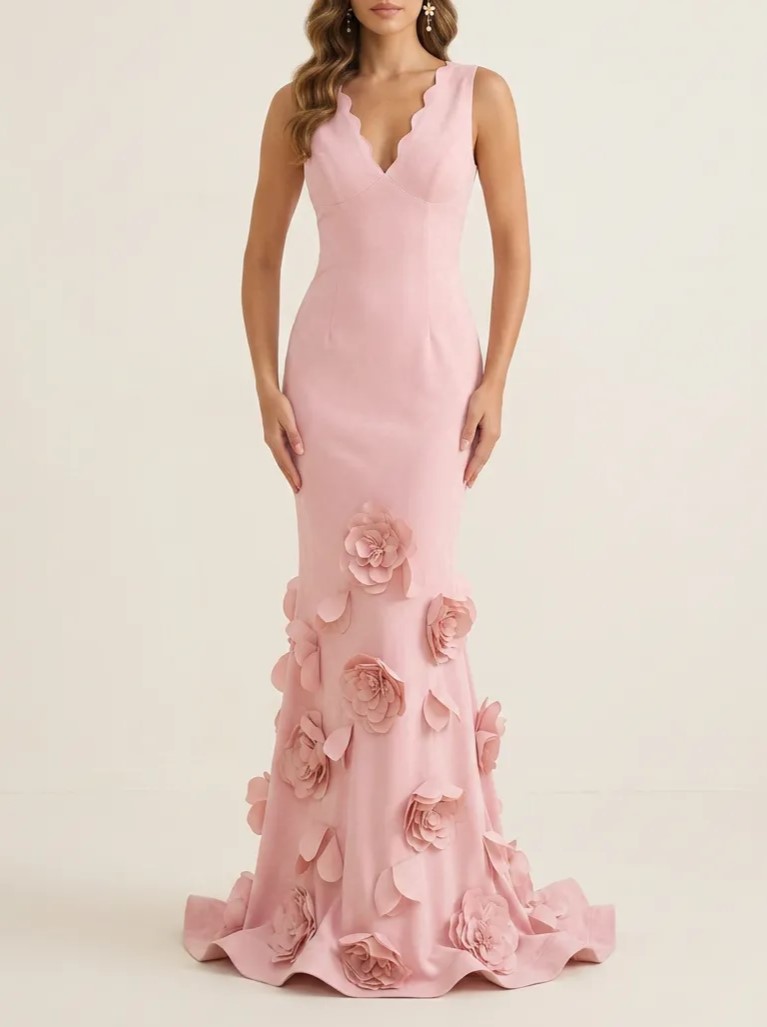 V-Neck Scalloped Mermaid Gown with 3D Floral Accents Evening Dresses
